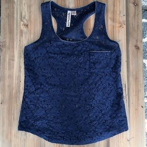 Blue lace racer back top with silver detail